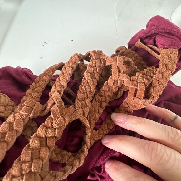 Sky Burgundy Scoop Neck Hand Braided Leather Design Back Strap Flowy Dress XS - Picture 8 of 14